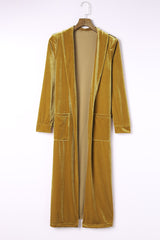 Mustard Yellow Velvet Open Front Pocketed Long Duster