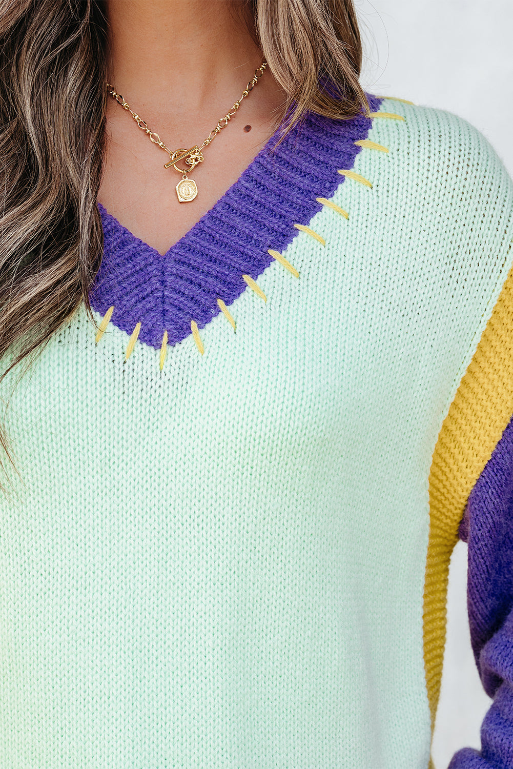 Stitched V Neck Color Block Knitted Drop Shoulder Sweater