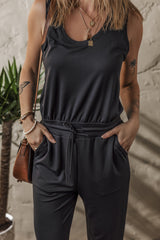 Casual Tank Style Tie Waist Pocketed Jogger Jumpsuit