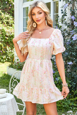 Floral Puff Sleeve Square Neck Knotted Open Back Ruffled Mini Dress