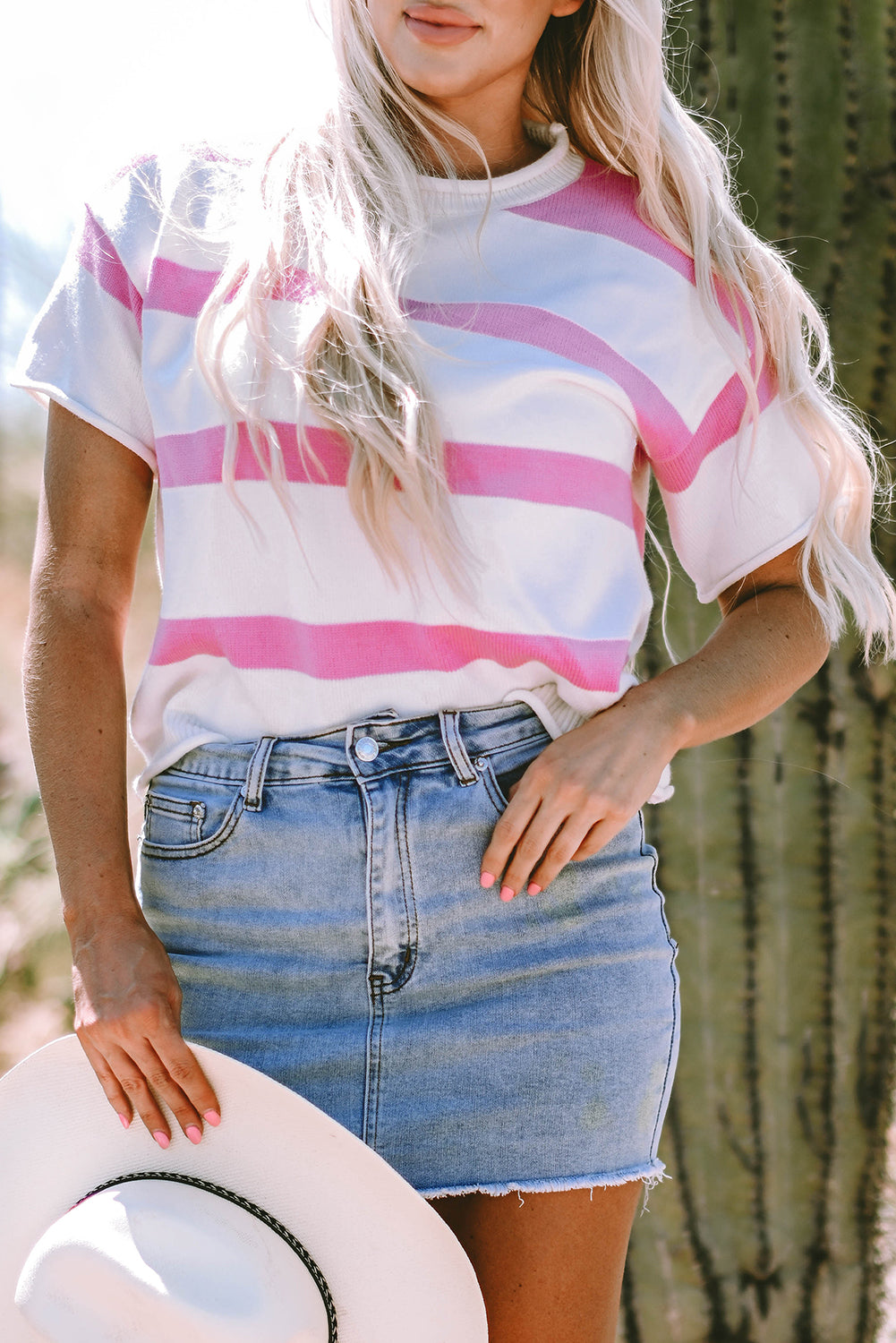 Stripe Dropped Short Sleeve Lightweight Knitted Top