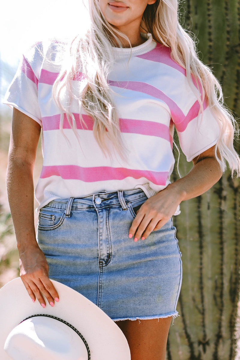 Stripe Dropped Short Sleeve Lightweight Knitted Top
