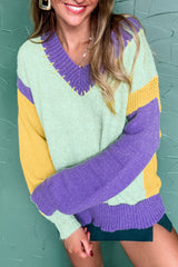 Stitched V Neck Color Block Knitted Drop Shoulder Sweater