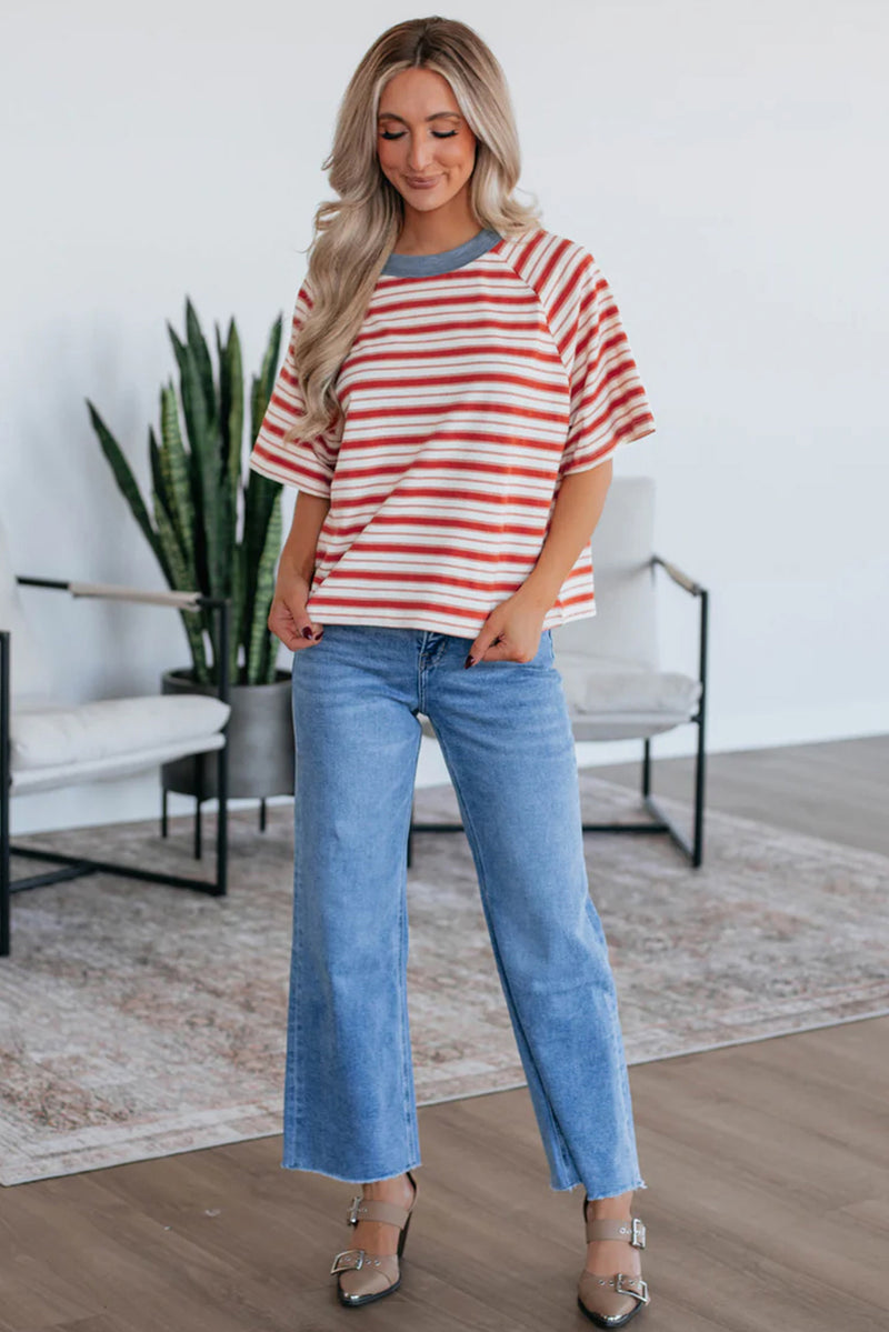 Stripe Print Contrast Collar Raglan Sleeve T Shirt