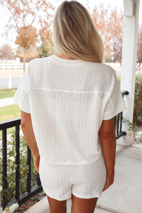 Solid Textured Patched Pocket Short Sleeve Top Drawstring Shorts Set