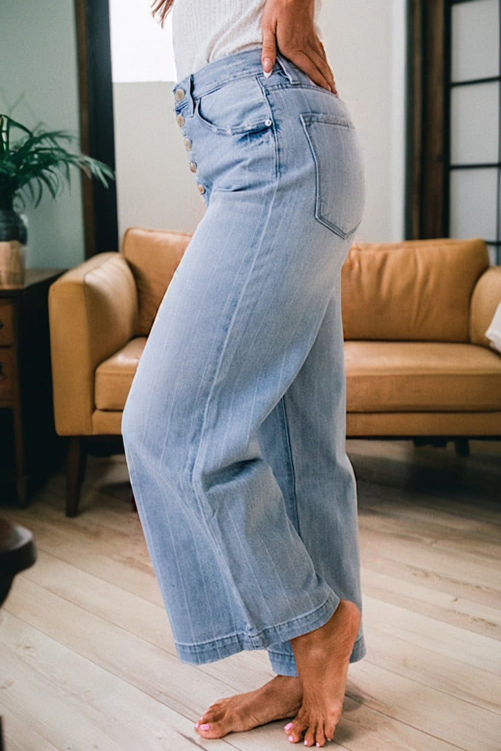 Multi Buttons Pinstripe Wide Leg Jeans