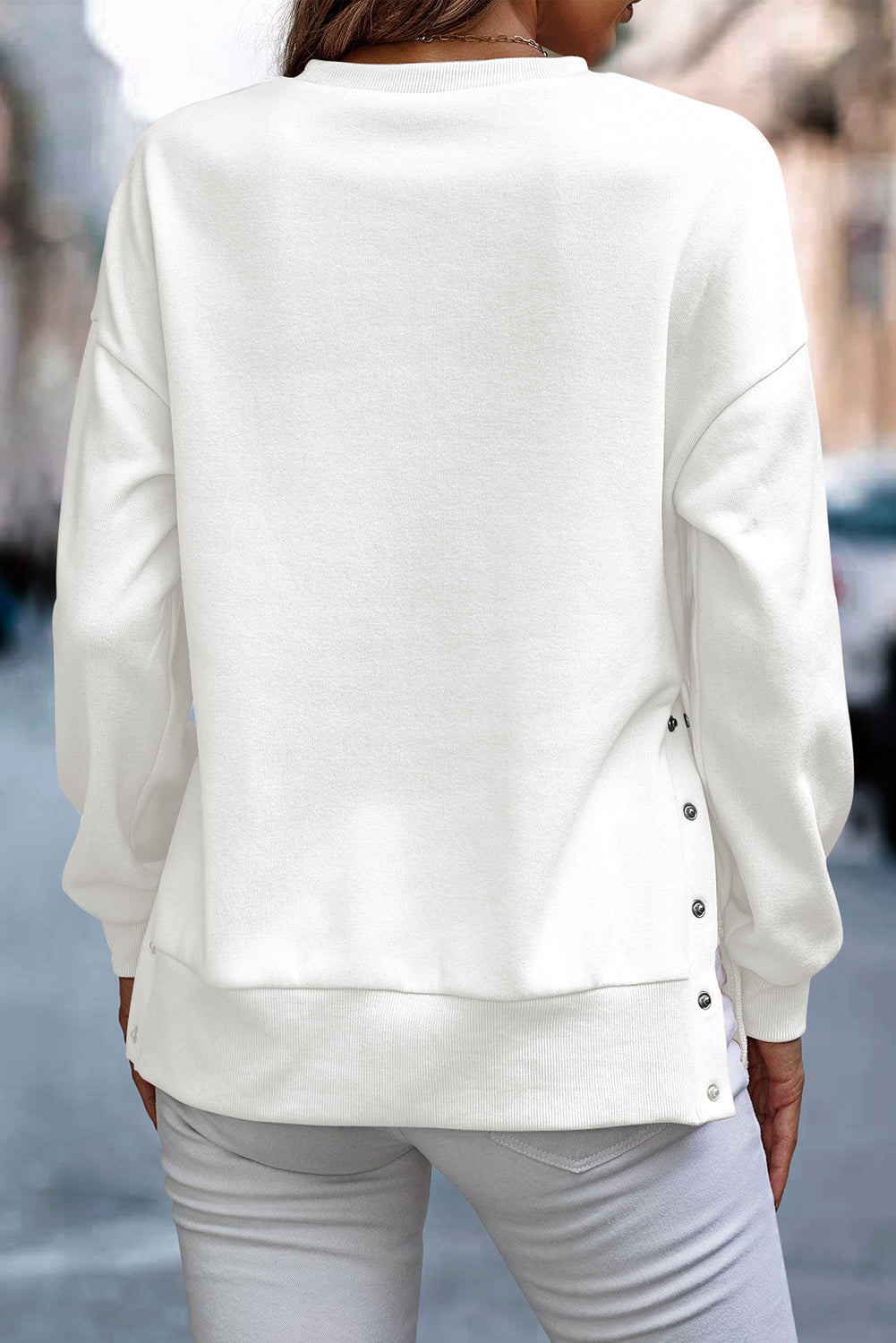 Solid Snap Buttons Side Splits Pullover Sweatshirt