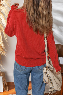 Twist Ribbed Half Button Collared Drawstring Pullover Top