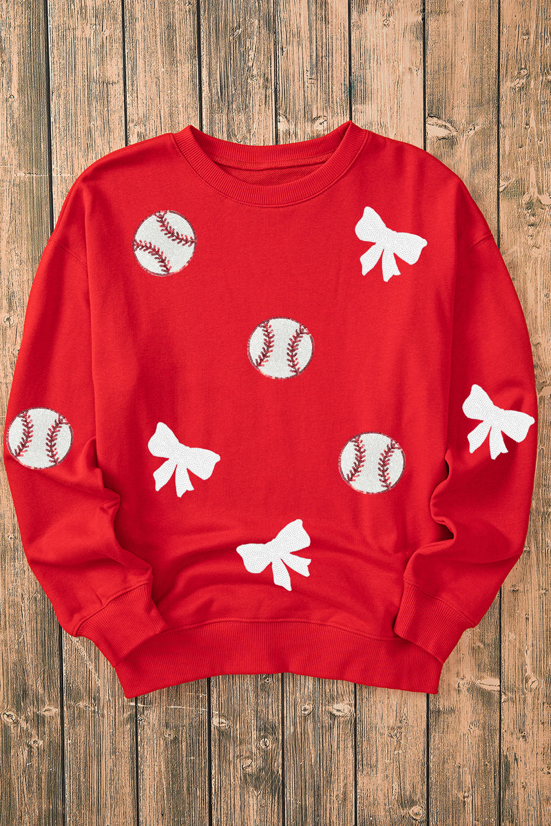Sequin Baseball Bow Patched Pattern Game Day Pullover Sweatshirt