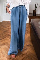 Stripe Chambray Wide Leg Tied Elastic Waist Trousers