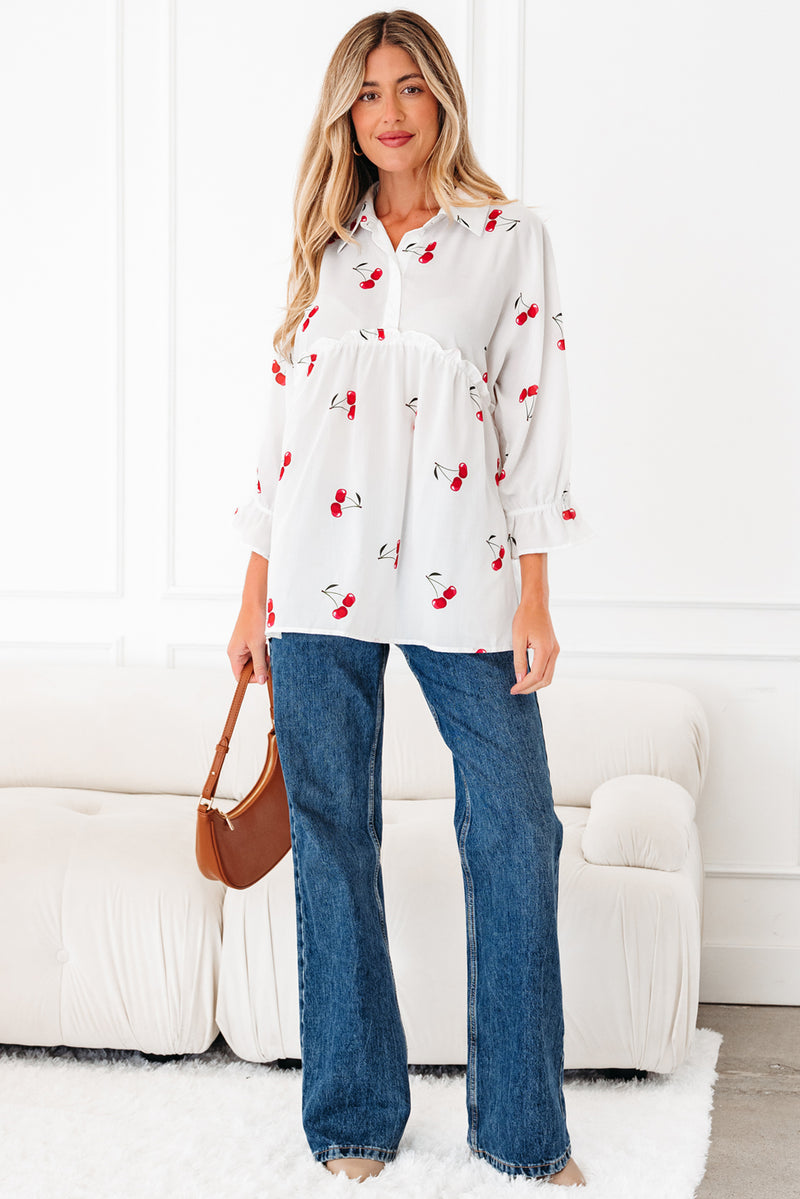 Cherry Print Flounce Sleeve Collared Frilled Babydoll Blouse