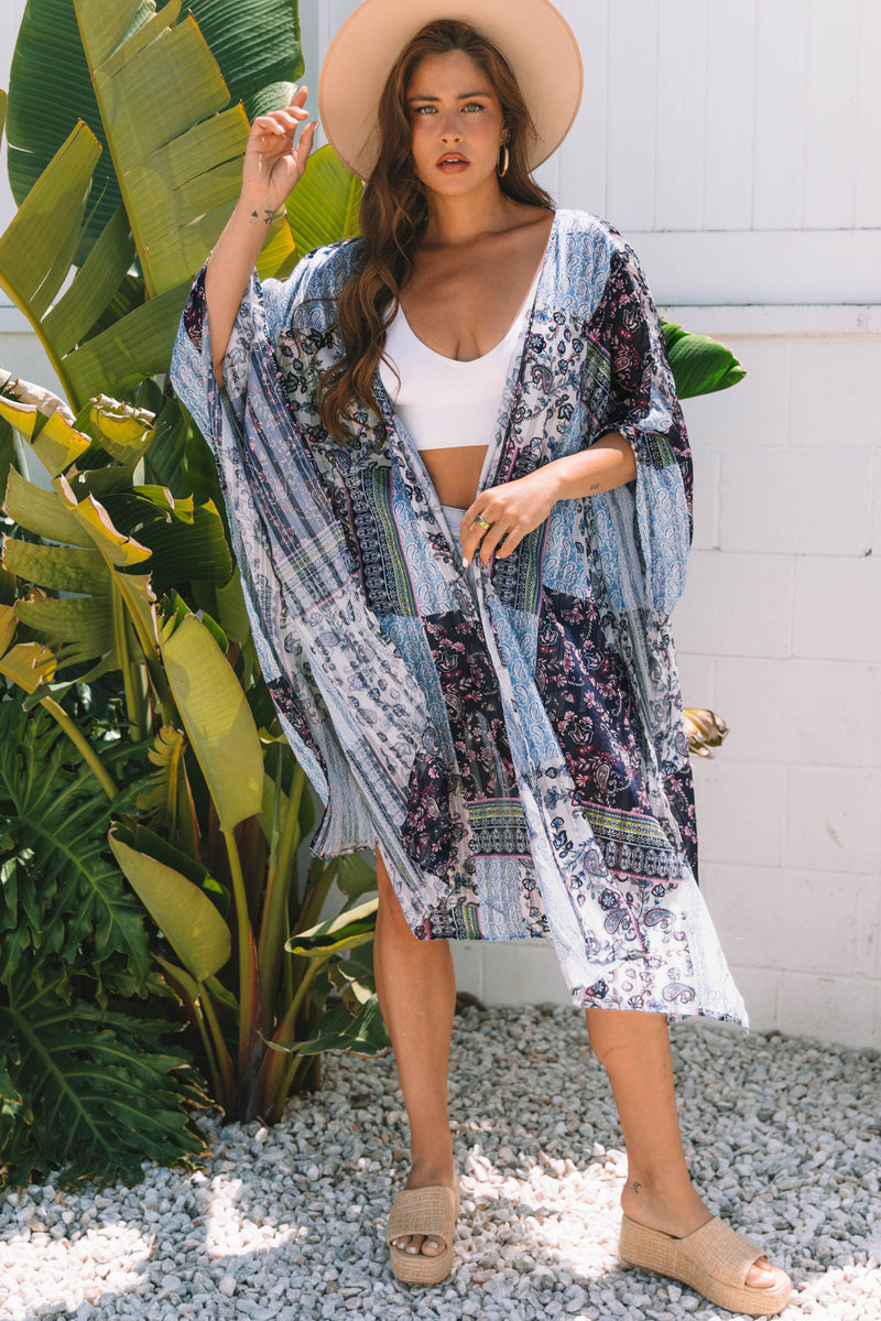 Retro Floral Print Long Loose Open Front Kimono