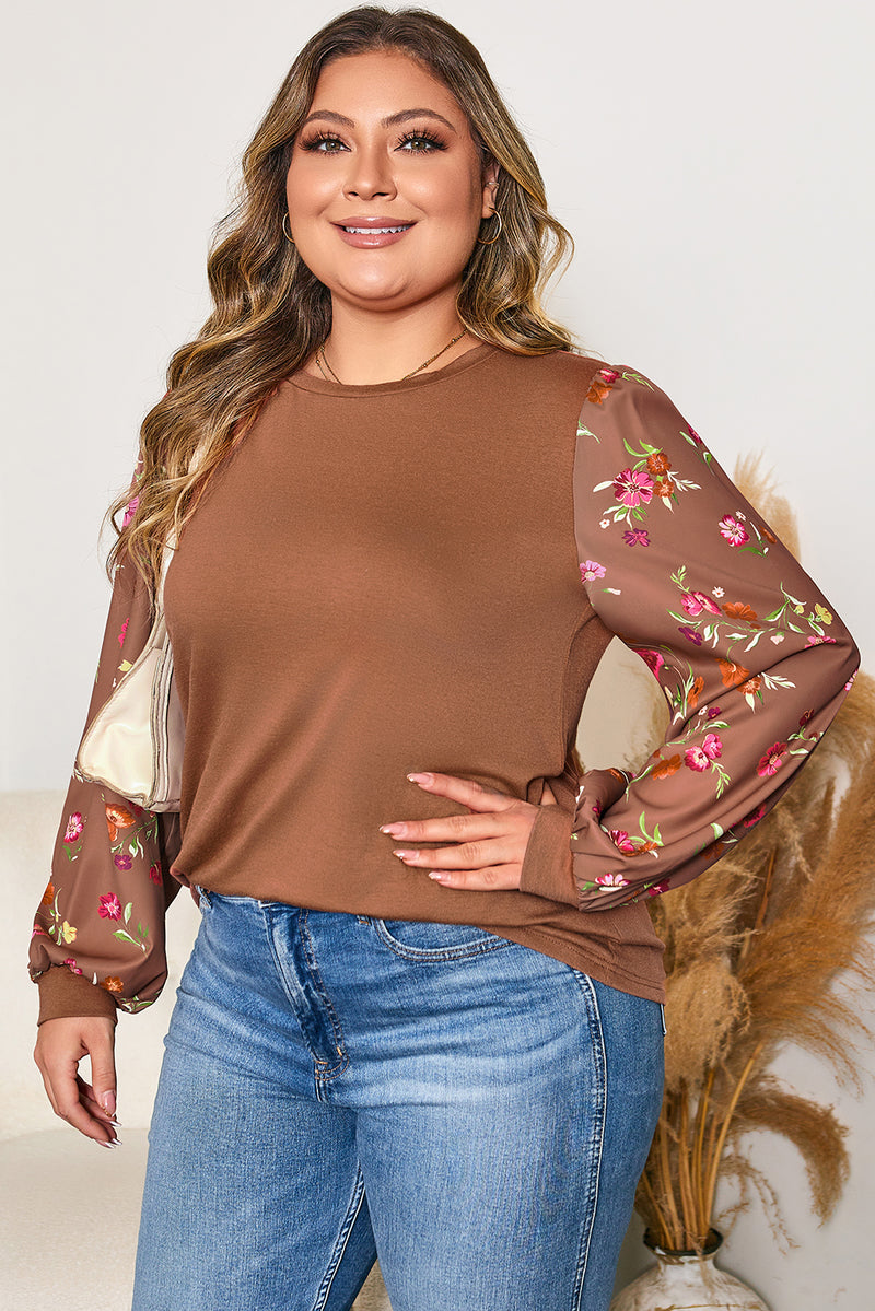 Floral Sleeve Patchwork Round Neck Plus Blouse