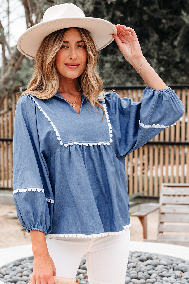 Lace Ric Rac 3/4 Puff Sleeve Collared Babydoll Blouse