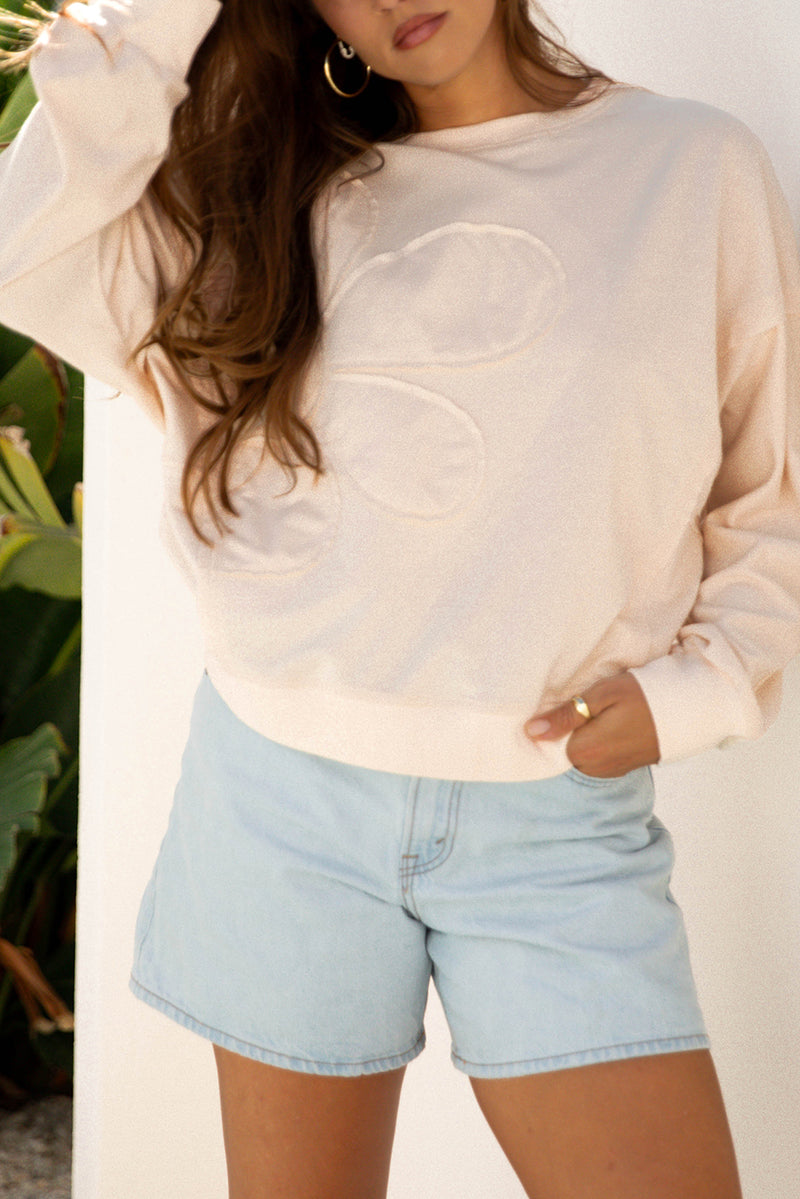 Raw Edge Flower Patch Drop Shoulder Casual Top