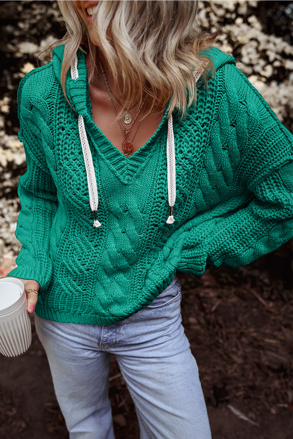 Solid Cable Knit V Neck Contrast Drawstring Hooded Sweater