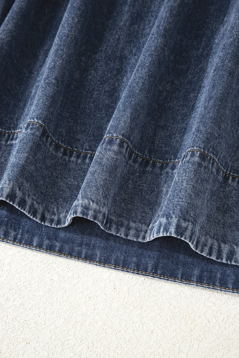 3/4 Sleeve Tied V Neck Pleated Denim Mini Dress