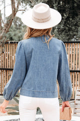 Tied Front Long Puff Sleeve Denim Top