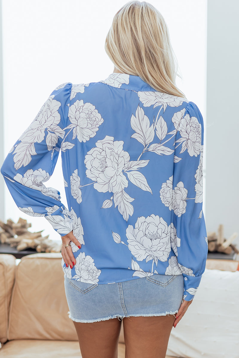 Floral Print Button Up Pleated Detail Puff Sleeve Shirt