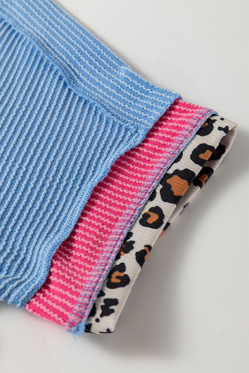 Solid Leopard Patchwork Corded Knit Crew Neck T Shirt