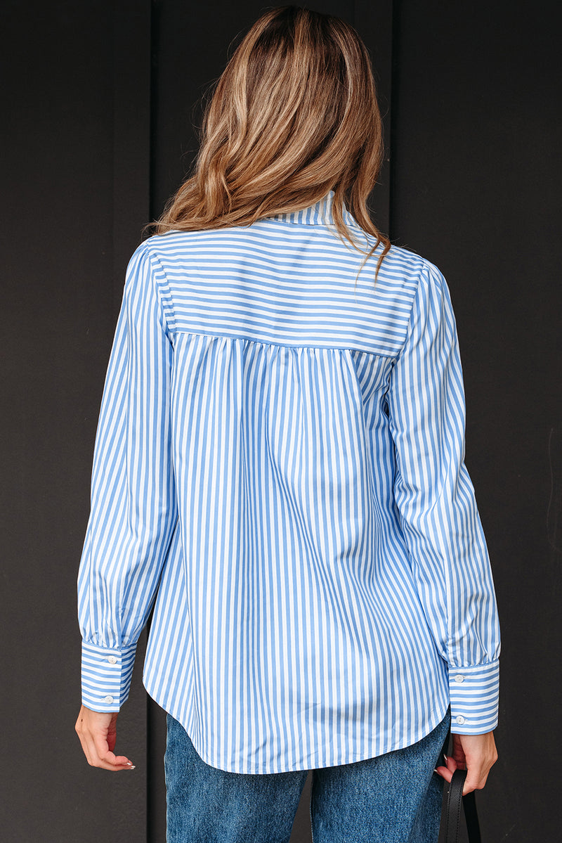 Stripe Shirred Detail Half Placket Collared Long Sleeve Fall Shirt