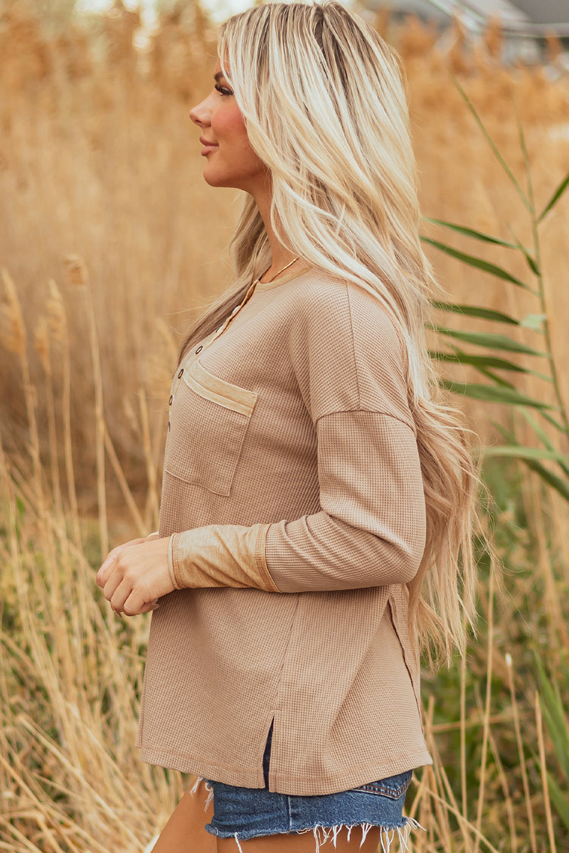 Color Block Waffle Textured Tunic Henley Top with Slits