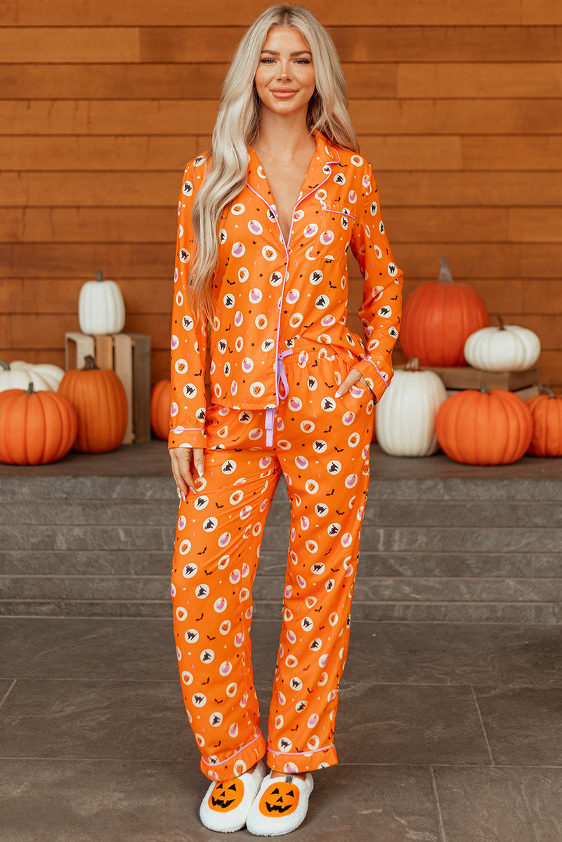 Halloween Print Lapel Shirt Long 2pcs Pajama Set