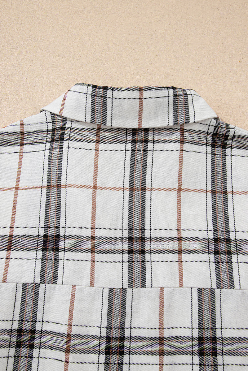 Plaid Print Collared V Neck Loose Blouse with Side Slits