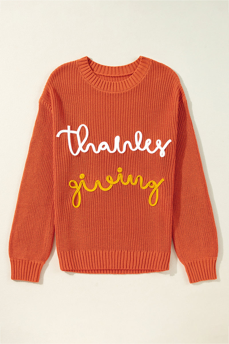Orange Thanks Giving Letter Graphic Crew Neck Sweater