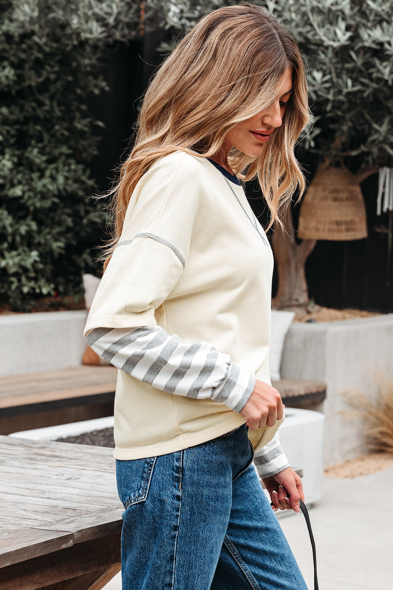 Striped Patchwork Long Sleeve Round Neck Two-in-one Top