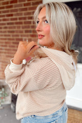 Waffle Patchwork Drop Shoulder Hooded Long Sleeve Top
