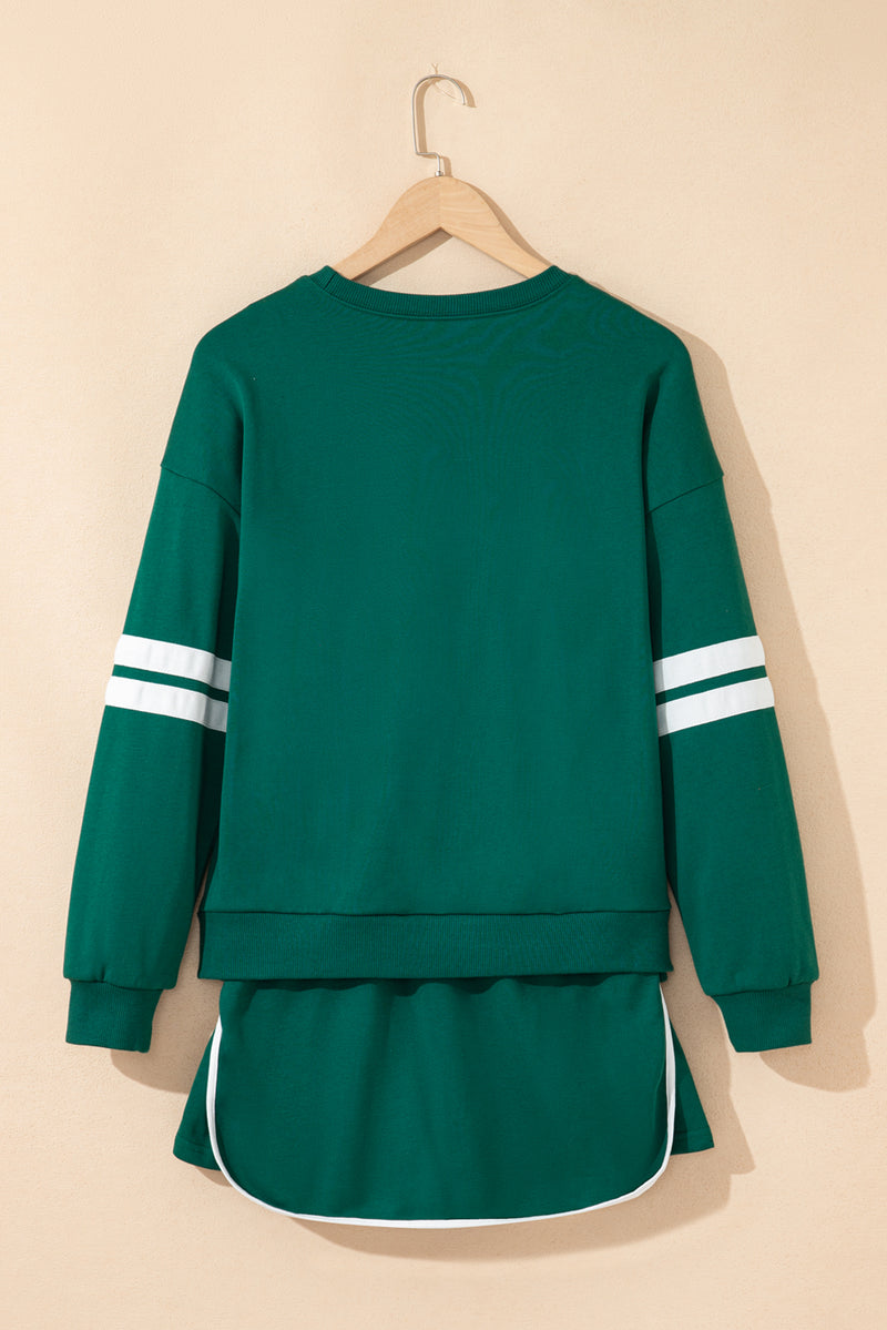 Varsity Stripe Detail Drop Shoulder Pullover Mini Skirt Set