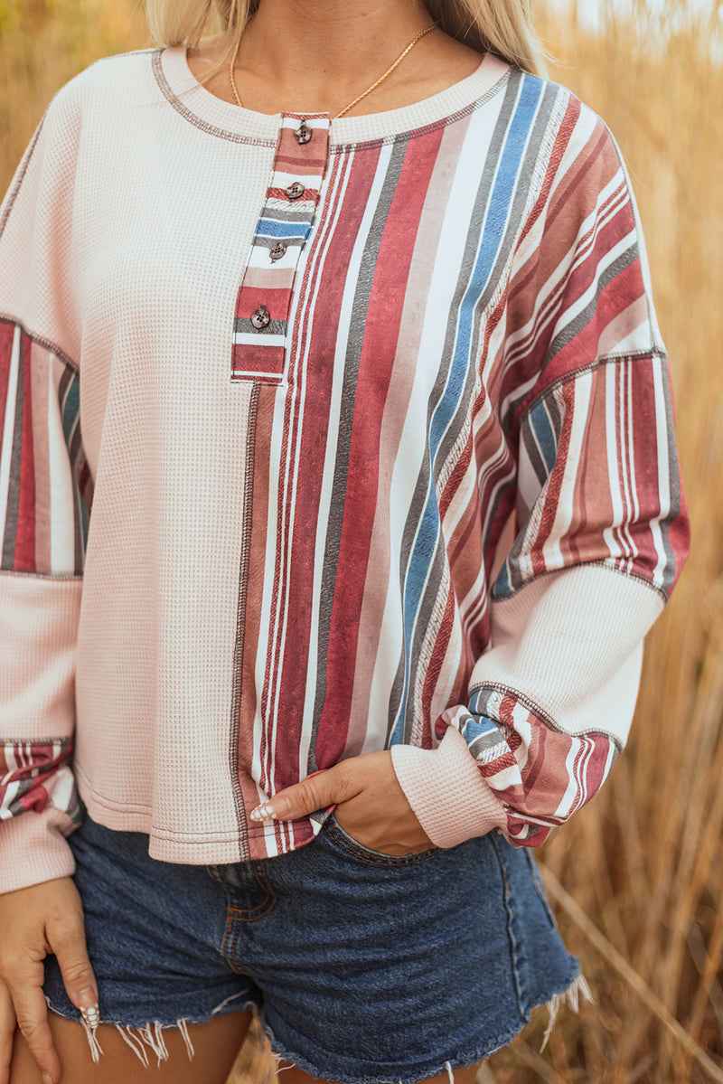 Striped Waffle Patchwork Exposed Seam Raw Edge Casual Knit Top