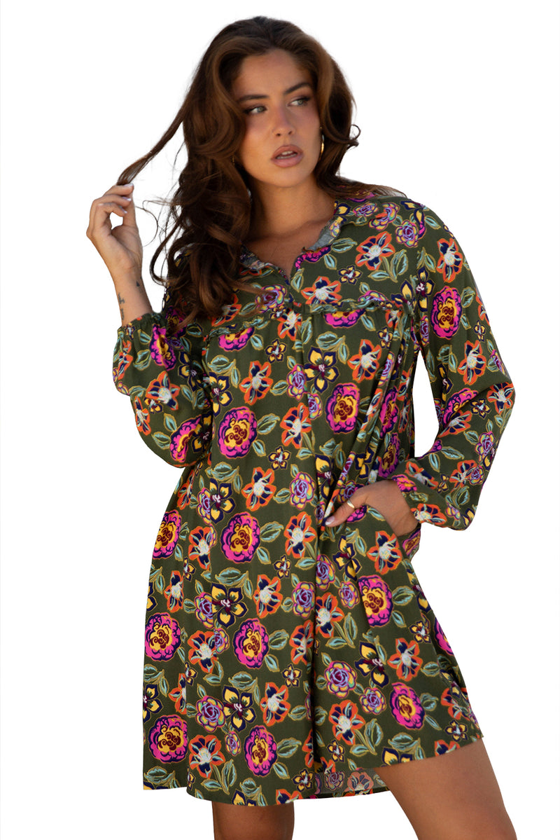 Floral Print Split Neck Bubble Sleeve Shift Mini Dress