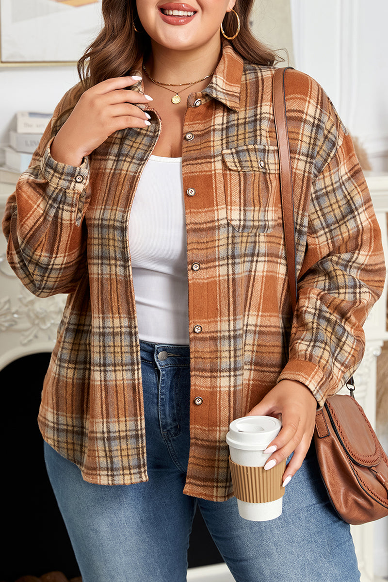 Plaid Print Flap Pocket Buttoned Plus Size Shacket