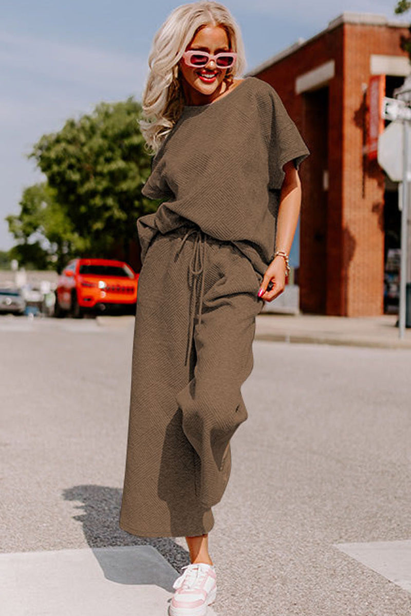 Comfortable Textured Loose Fit T Shirt and Drawstring Pants Set