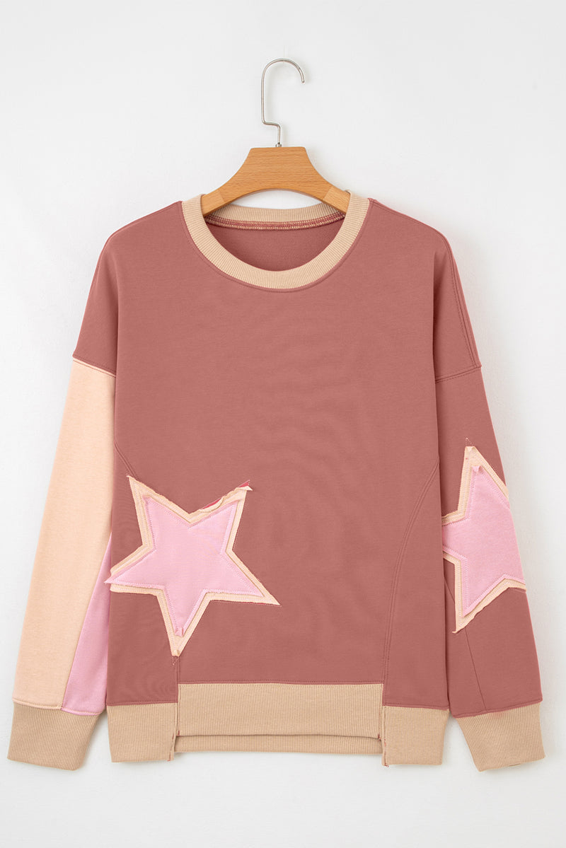 Old Rose Contrast Star Patchwork Exposed Seam Uneven Hem Drop Shoulder Sweatshirt