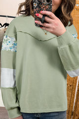 Laurel Green Floral Plaid Mixed Sleeve Raw Edge Relaxed French Terry Top