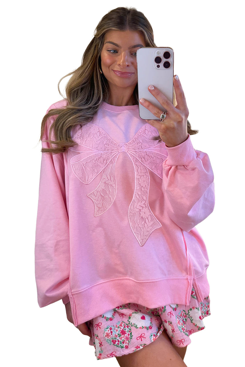 Lace Insert Bow Embroidered Exposed Seam Sweatshirt