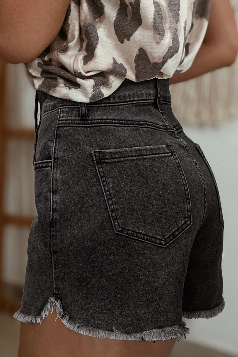 Solid Raw Hem High Waist Denim Shorts