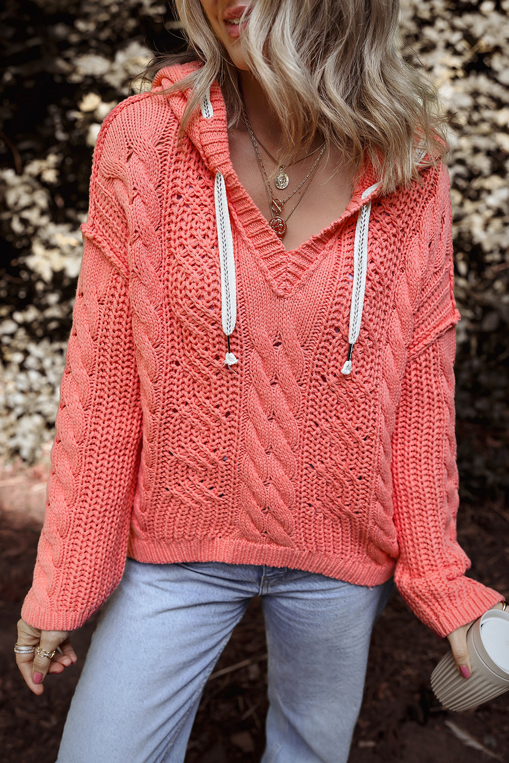 Solid Cable Knit V Neck Contrast Drawstring Hooded Sweater