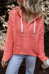 Solid Cable Knit V Neck Contrast Drawstring Hooded Sweater