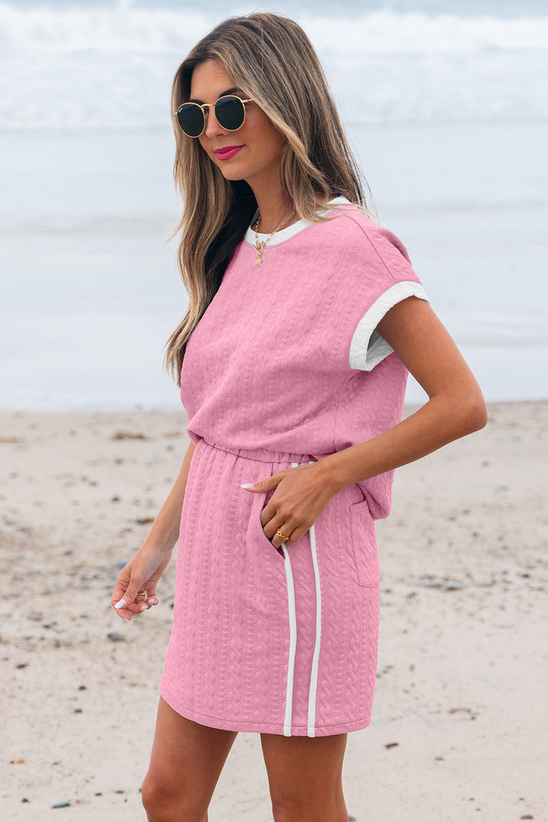 Solid Contrast Trim Textured Crewneck Tee and Pocketed Skirt Set