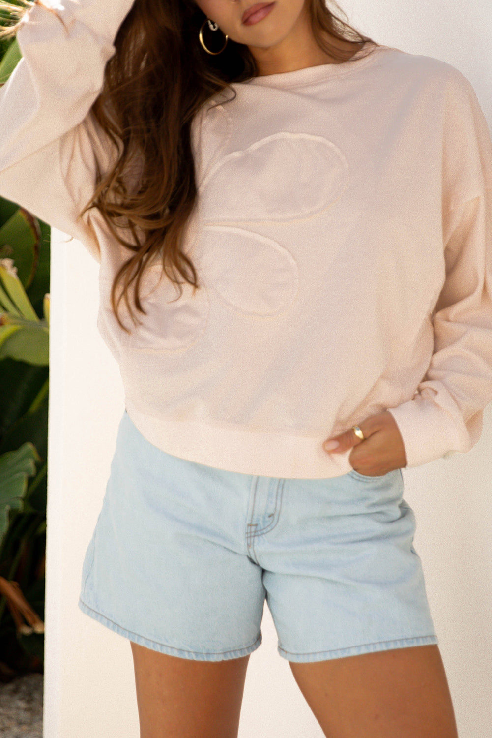 Raw Edge Flower Patch Drop Shoulder Casual Top