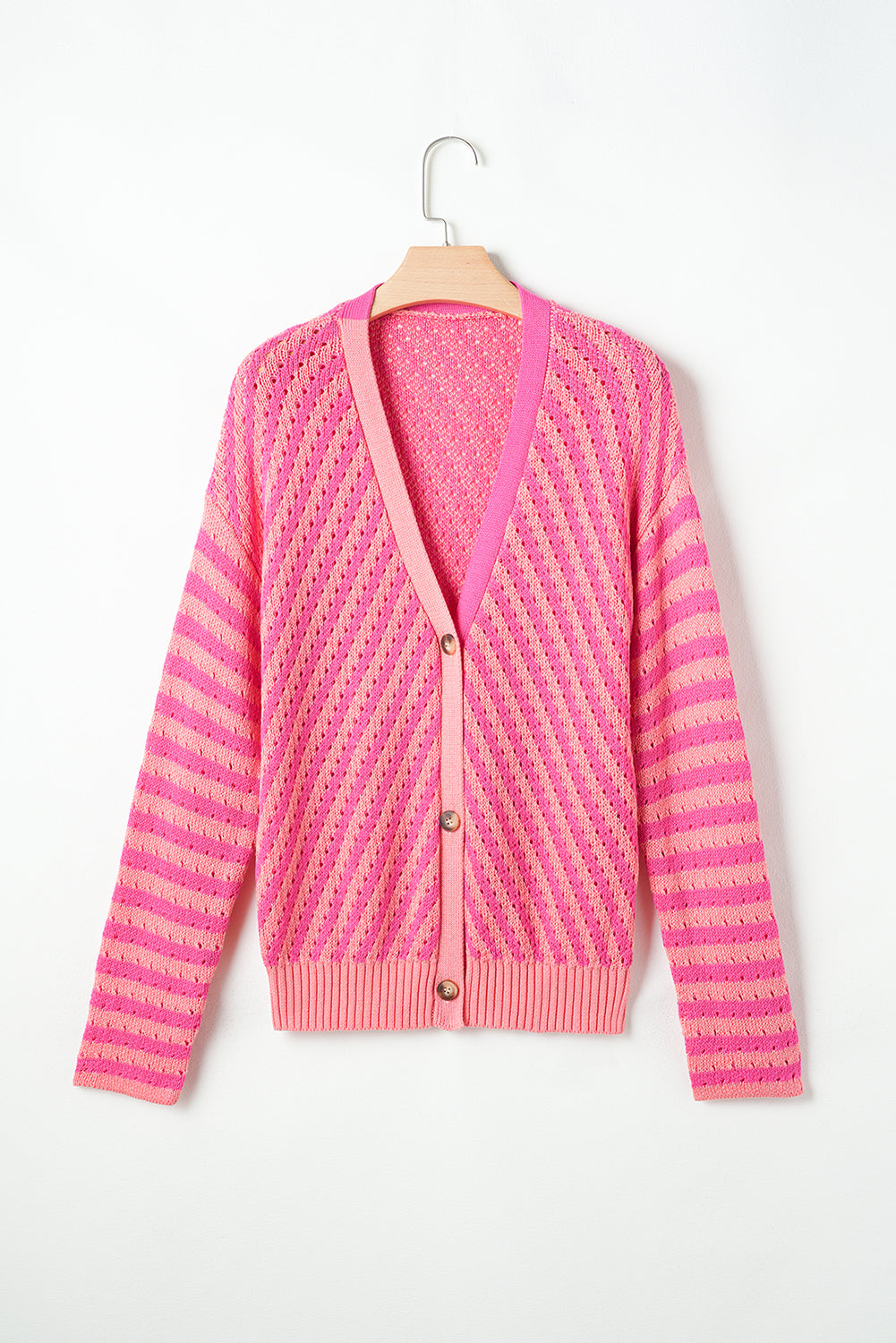 Striped Buttoned V Neck Drop Shoulder Cardigan