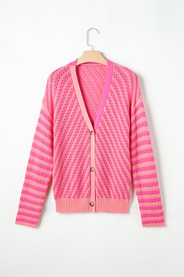 Striped Buttoned V Neck Drop Shoulder Cardigan