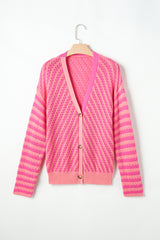 Striped Buttoned V Neck Drop Shoulder Cardigan