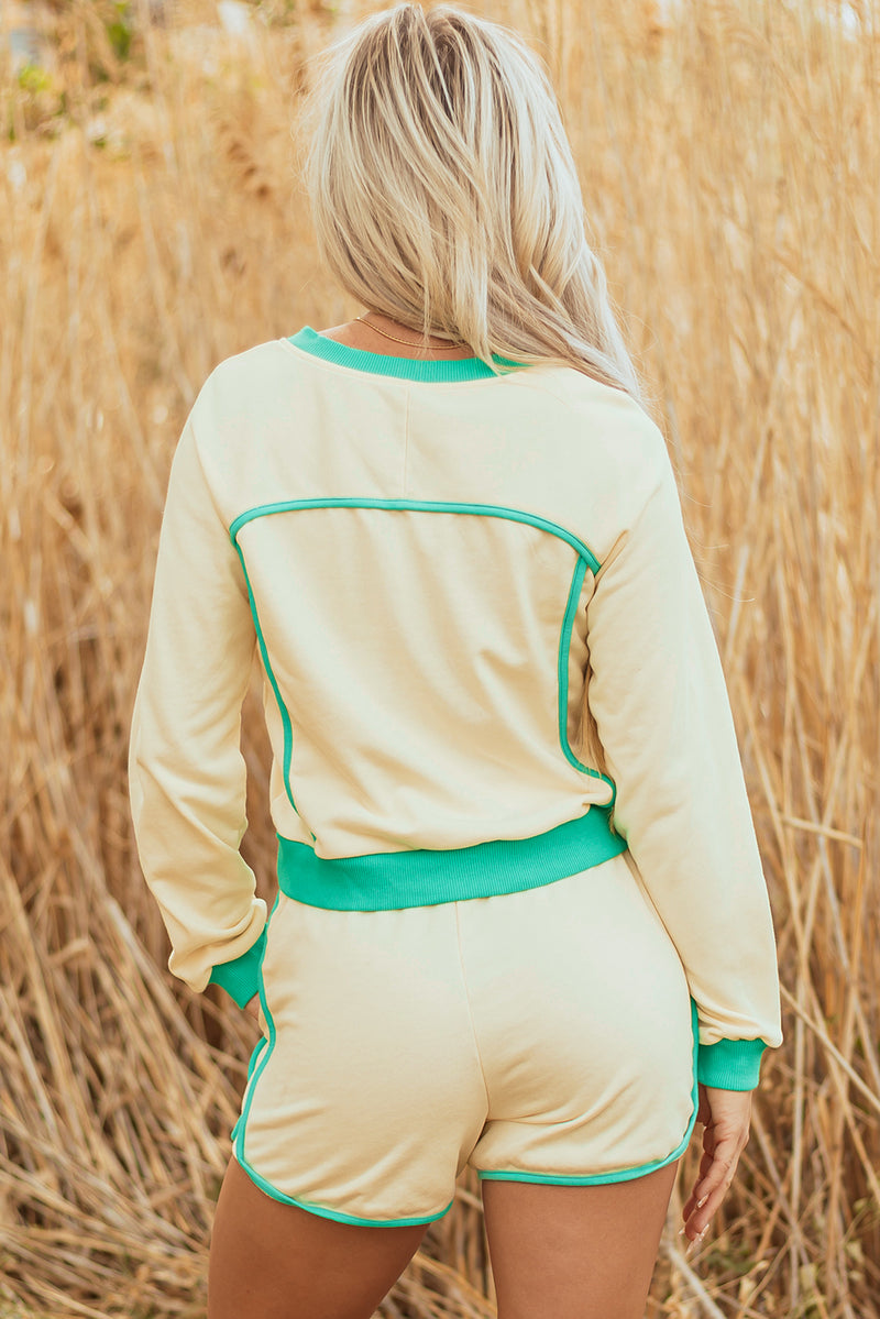 Contrast Trim Colorblock Long Sleeve Pullover and Drawstring Shorts 2pcs Outfit