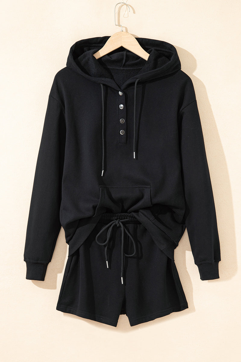 Solid Button Drawstring Hooded Pullover and Casual Short Set