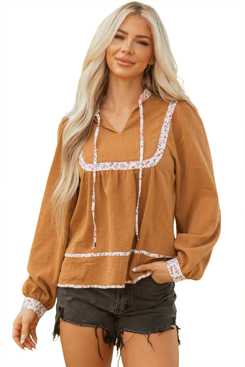 Split Neck Pleated Floral Trim Long Puff Sleeve Blouse